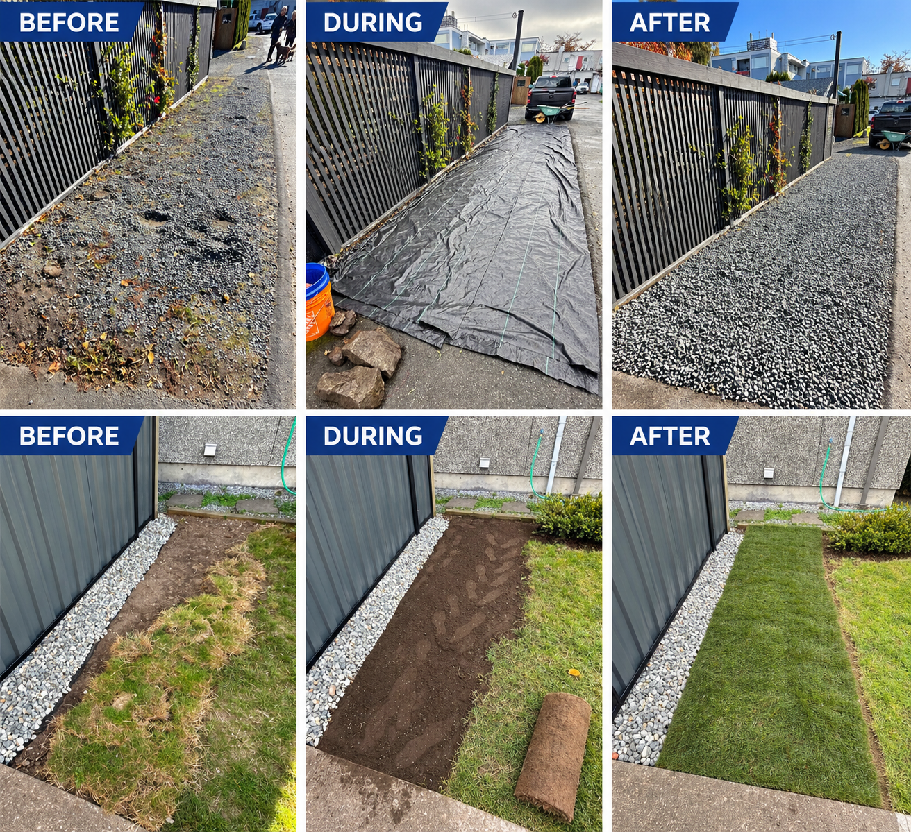 Before-and-after landscaping project showing gravel driveway restoration and a new turf walkway beside a fence.