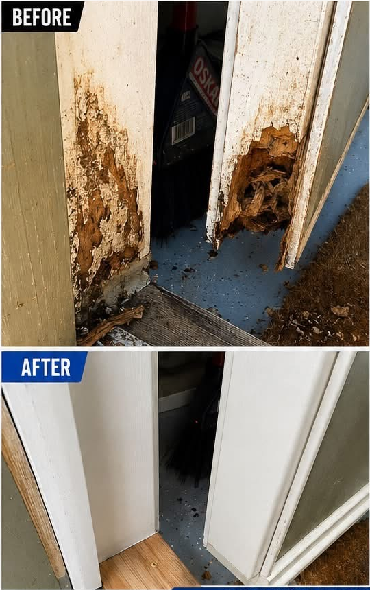 Before-and-after wood rot repair showing damaged door trim with severe rot on the left, restored to clean finished white trim on the right