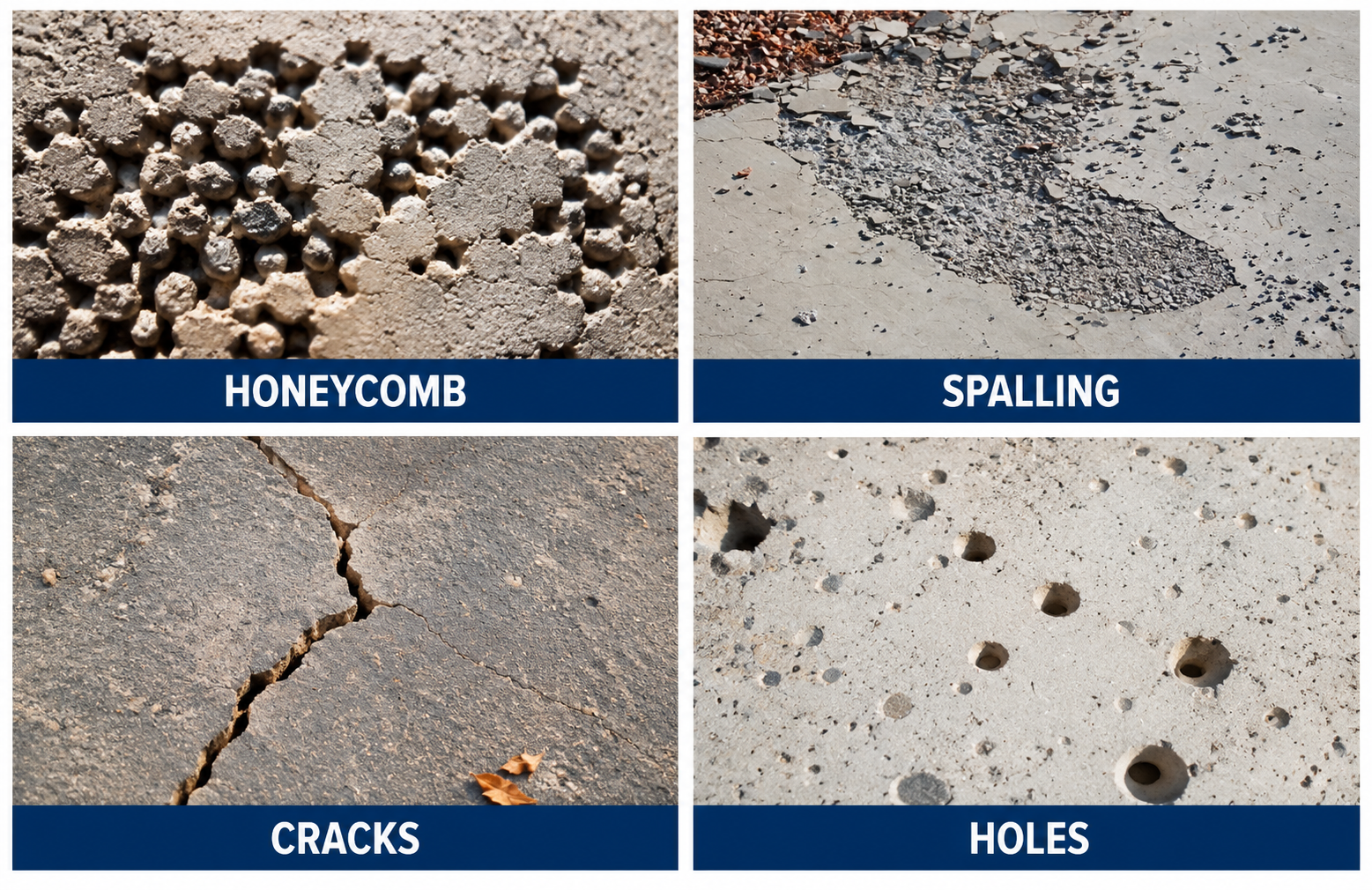 Concrete surface defects infographic showing four types of damage: honeycombing with exposed aggregate cavities, spalling with surface deterioration, cracks with visible fracturing, and holes with deep voids