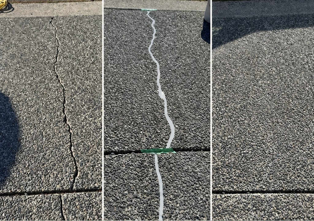 Concrete crack repair before-and-after sequence showing a cracked concrete surface, filled repair detail, and finished seamless repair