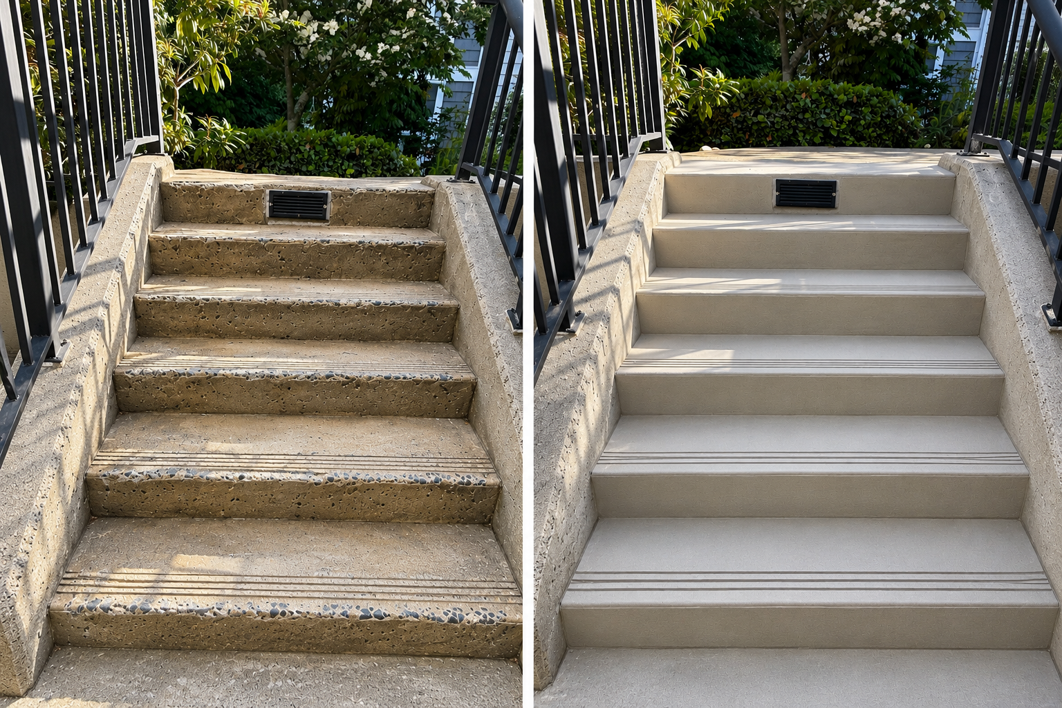 Before-and-after concrete stair repair showing worn damaged steps on the left and smooth restored steps on the right