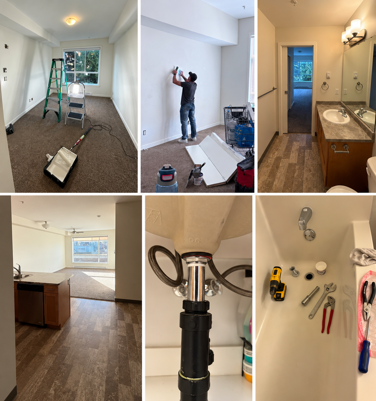 Six-photo collage showing interior painting, bathroom renovation, kitchen renovation, plumbing repair, and tool work.