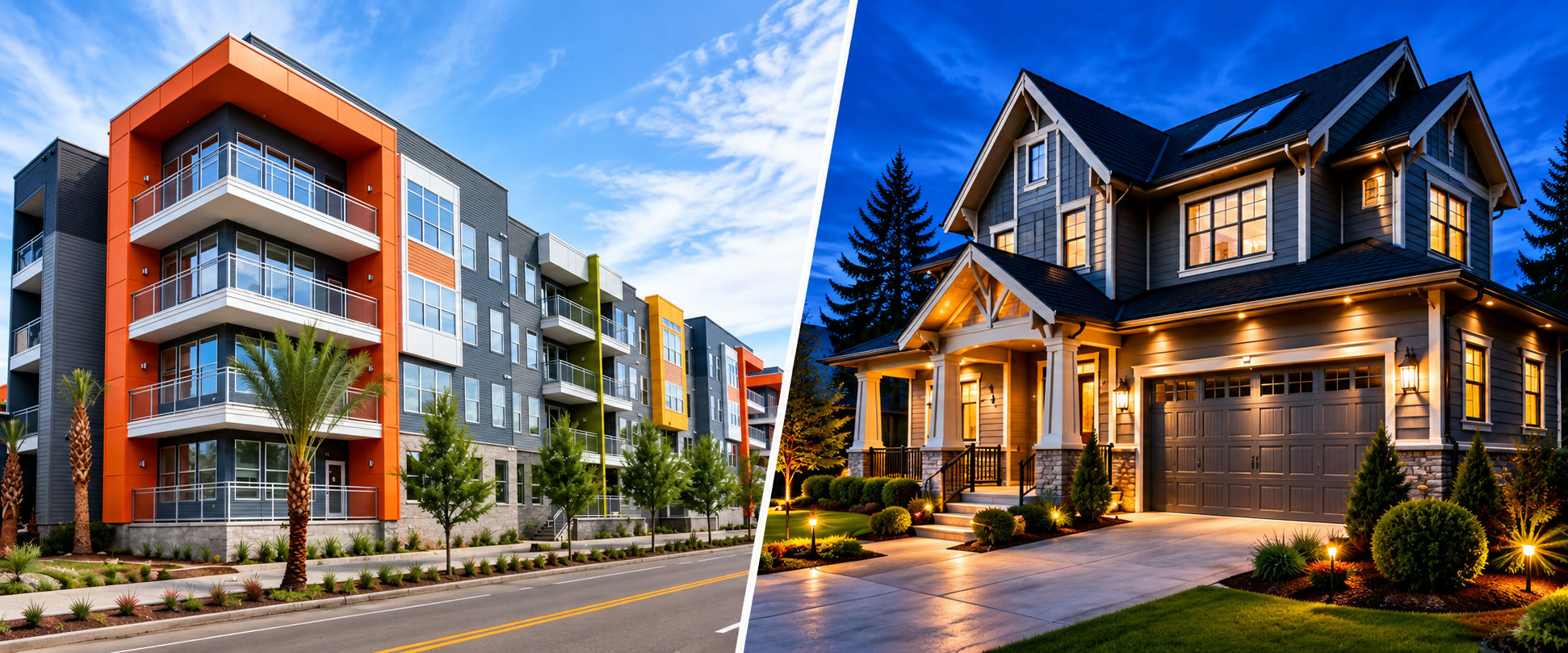 Modern residential and commercial buildings showcasing quality construction and architectural design