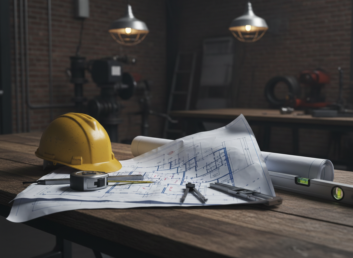 Construction blueprints, hard hat, and measuring tools on a wooden table